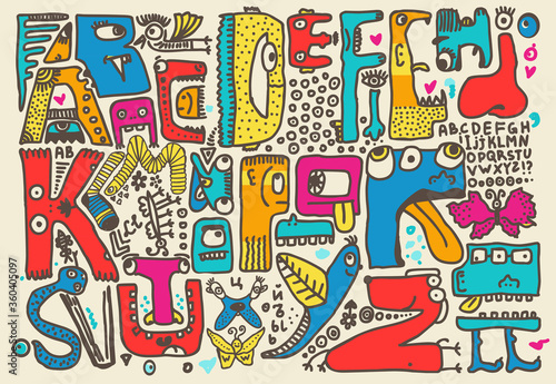 Funky monsters doodle retro alphabet in english. Cartoon vector illustration.