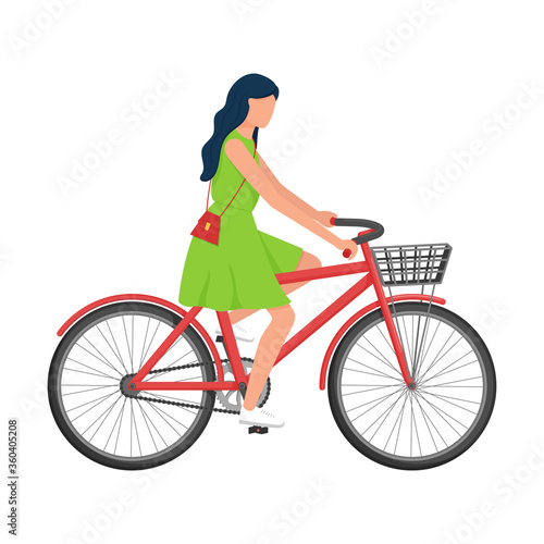 Fototapeta Naklejka Na Ścianę i Meble -  A woman with long hair in a dress with a purse over her shoulder rides a Bicycle with a basket. Urban environmental transport. Summer vector illustration. Isolated on a white background. flat style