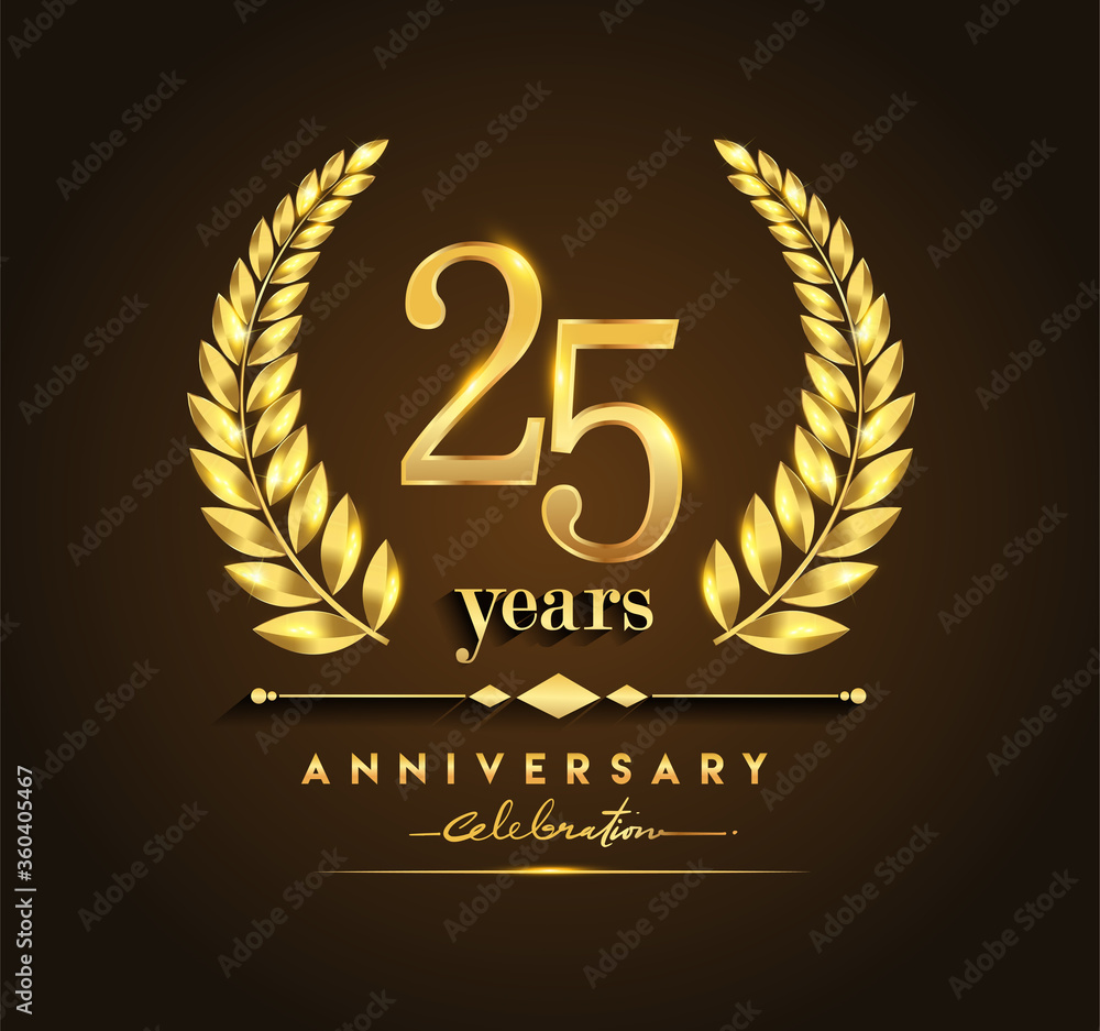25th gold anniversary celebration logo with golden color and laurel wreath vector design.
