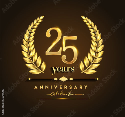 Obraz na płótnie 25th gold anniversary celebration logo with golden color and laurel wreath vector design. w salonie