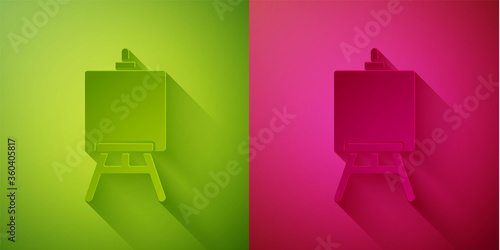 Paper cut Wood easel or painting art boards icon isolated on green and pink background. Paper art style. Vector Illustration.