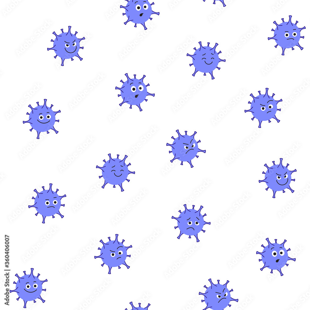 Coronavirus character. Set of eight poses and emotions. Seamless pattern