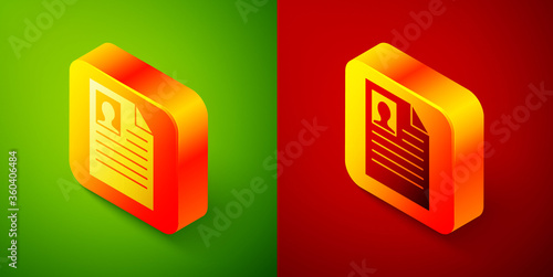 Isometric Resume icon isolated on green and red background. CV application. Searching professional staff. Analyzing personnel resume. Square button. Vector Illustration.