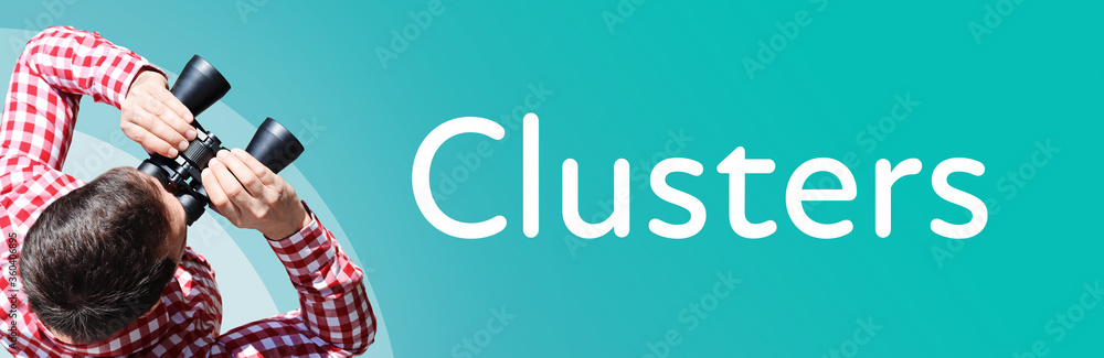 Naklejka premium Clusters. Businessman (man) looks through binoculars. Birds eye view. Focus on text. Blue Background. Business, Finance, Statistics, Analysis, Economy