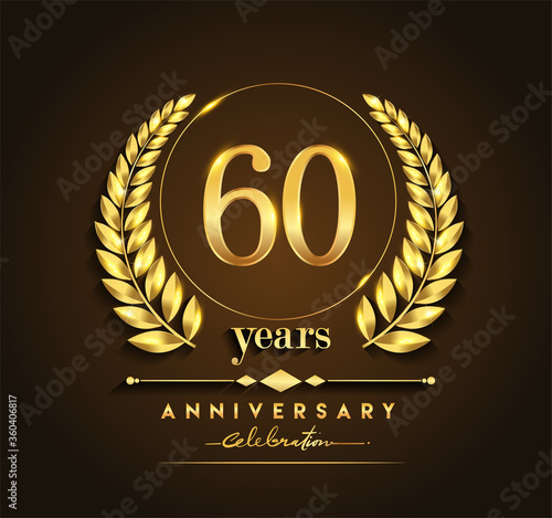 60th gold anniversary celebration logo with golden color and laurel wreath vector design.