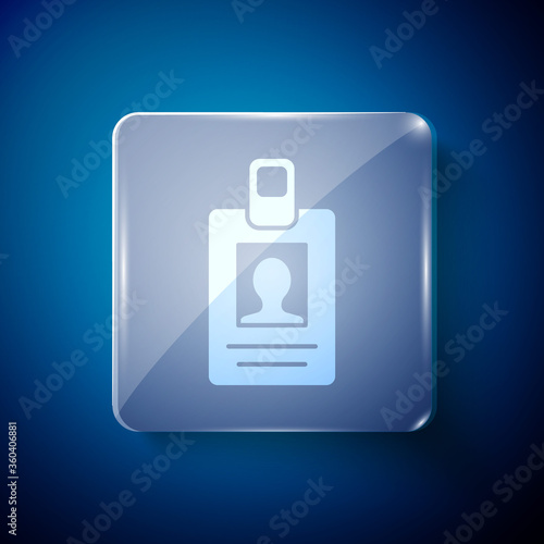 White Identification badge icon isolated on blue background. It can be used for presentation, identity of the company, advertising. Square glass panels. Vector Illustration.