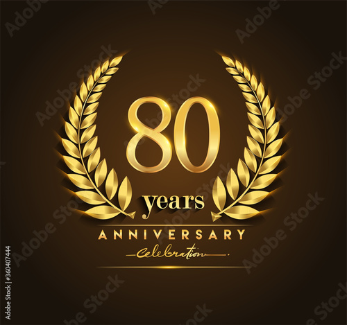 80th gold anniversary celebration logo with golden color and laurel wreath vector design.