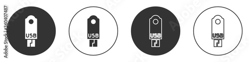 Black USB flash drive icon isolated on white background. Circle button. Vector Illustration.