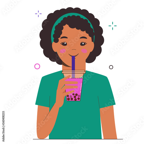 Young girl drinks bubble milk tea or pearl milk tea. Taiwanese famous and popular drink with tapioca black pearls. Flat cartoon illustration isolated on white background.