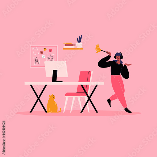 Flat illustration of a woman whearing earphones dancing while cleaning, holding a brush