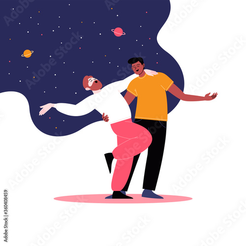 Young gay couple dancing under the starry night sky. Pride month at home concept