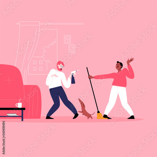 Flat illustration of two men dancing while cleaning their home. Dancing with a pet, holding a mop, having fun at home