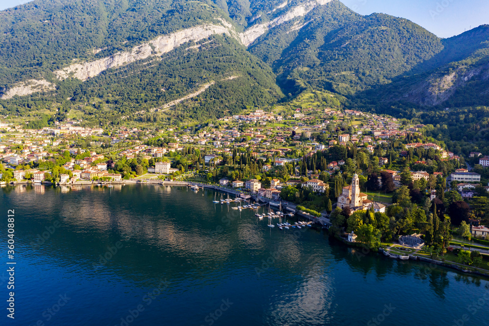 Lake Como, Italy, Town of Tremezzo, Panoramic aerial view	
