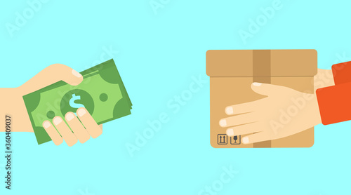 Han holding dollar bill. Delivery man hold box. Transportations concept. Shopping online. Digital marketing. Payment concept. 