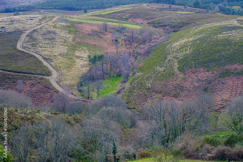 Foto Mountainous landscape furrowed by rural roads and firebreaks in Galicia (Spain)