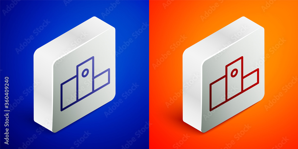 Isometric line Award over sports winner podium icon isolated on blue and orange background. Silver square button. Vector Illustration. Isometric line Award over sports winner podium icon isolated on blue and orange background. Silver square button. Vector Illustration.