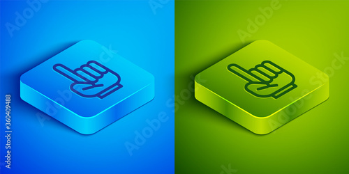 Isometric line Number 1 one fan hand glove with finger raised icon isolated on blue and green background. Symbol of team support in competitions. Square button. Vector Illustration.