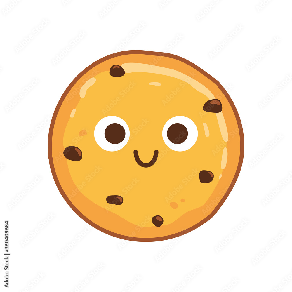 Traditional chocolate chip cookies with a smile and eyes. Vector illustration
Traditional chocolate chip cookies with a smile and eyes. Vector illustration