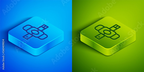 Isometric line Knee pads icon isolated on blue and green background. Extreme sport. Skateboarding, bicycle, roller skating protective gear. Square button. Vector Illustration.