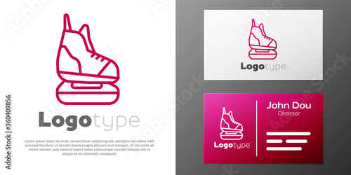 Logotype line Skates icon isolated on white background. Ice skate shoes icon. Sport boots with blades. Logo design template element. Vector Illustration.