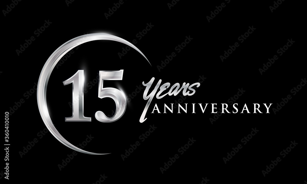 Obraz premium 15th years anniversary celebration. Anniversary logo with silver ring elegant design isolated on black background, vector design for celebration, invitation card, and greeting card