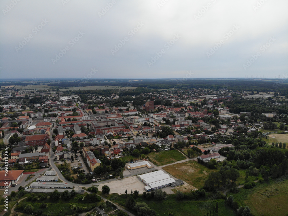 Aerial view of Pasewalk, a town in the Vorpommern-Greifswald district, in the state of Mecklenburg-Vorpommern in Germany. Located on the Uecker river.