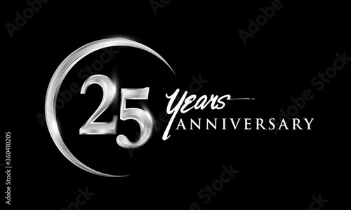 25th years anniversary celebration. Anniversary logo with silver ring elegant design isolated on black background, vector design for celebration, invitation card, and greeting card