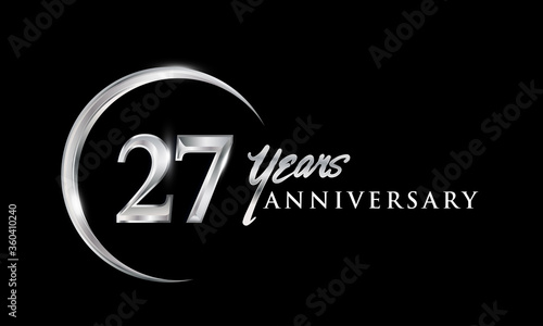 27th years anniversary celebration. Anniversary logo with silver ring elegant design isolated on black background, vector design for celebration, invitation card, and greeting card