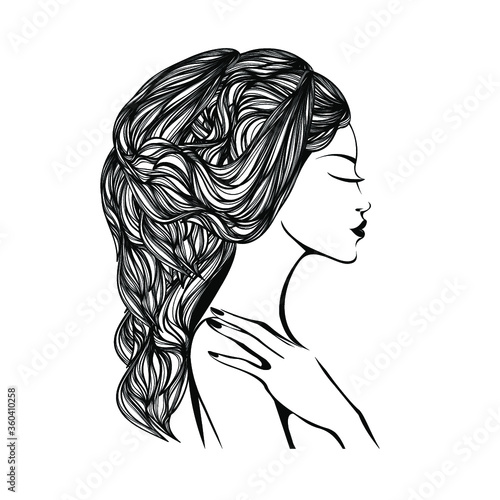 Beauty salon,  nails art and hairdresser studio logo.Cosmetics, skin care and spa icon.Beautiful woman with long, wavy hairstyle, elegant makeup and manicure.Profile view face.