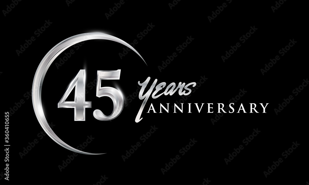 Obraz premium 45th years anniversary celebration. Anniversary logo with silver ring elegant design isolated on black background, vector design for celebration, invitation card, and greeting card