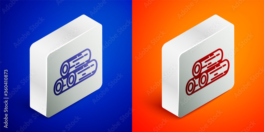 Isometric line Wooden logs icon isolated on blue and orange background. Stack of firewood. Silver square button. Vector Illustration. Isometric line Wooden logs icon isolated on blue and orange background. Stack of firewood. Silver square button. Vector Illustration.