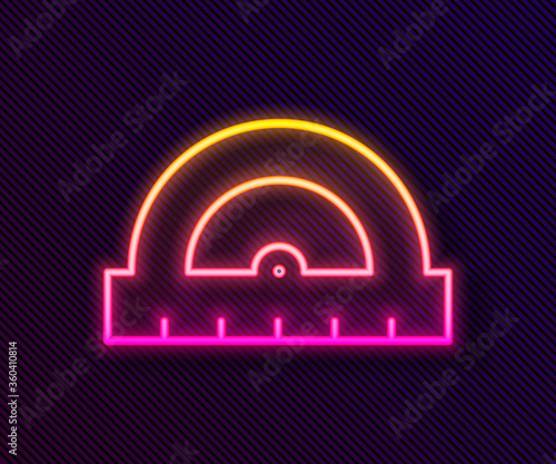 Glowing neon line Protractor grid for measuring degrees icon isolated on black background. Tilt angle meter. Measuring tool. Geometric symbol. Vector Illustration.