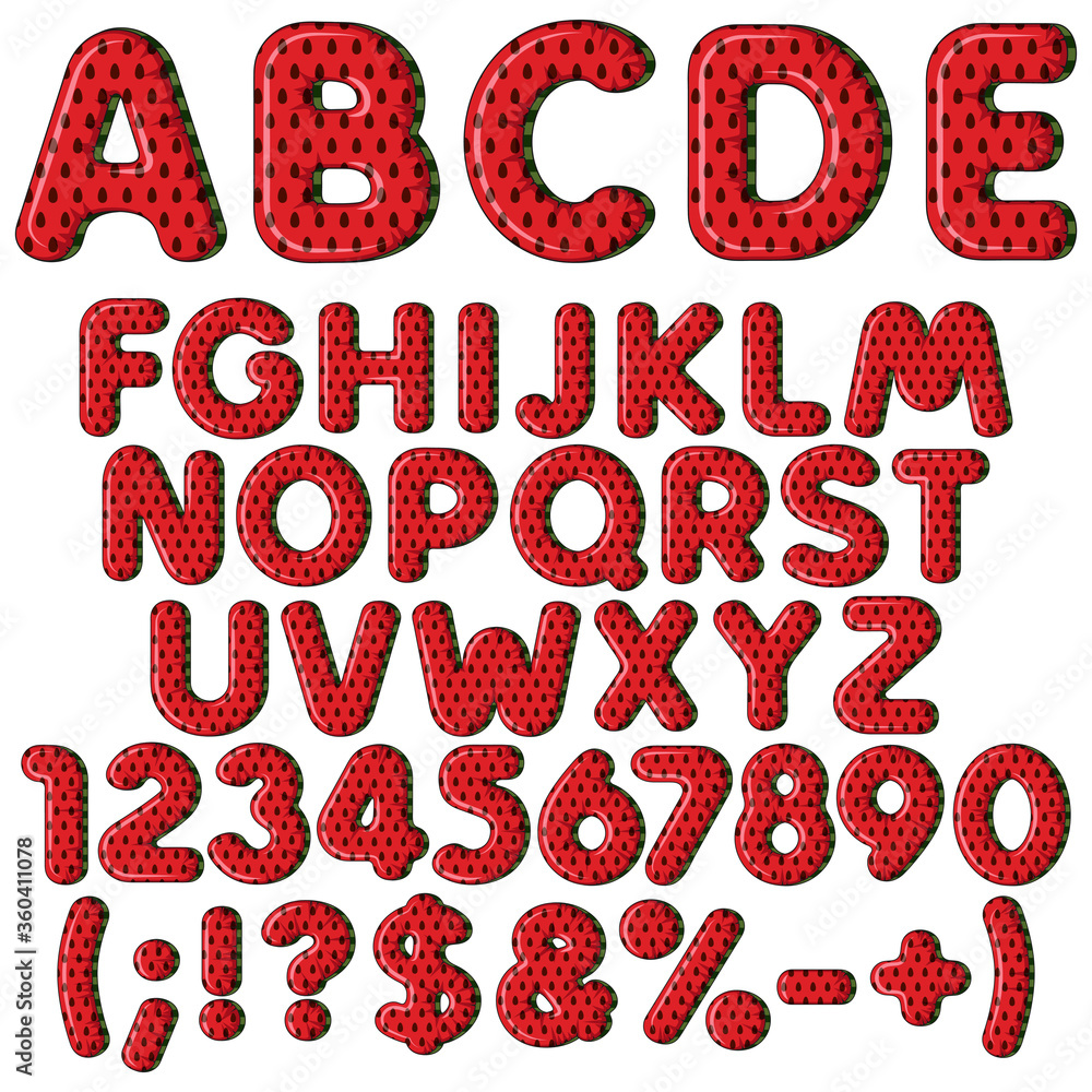 Inflatable alphabet, letters, numbers and signs in color watermelon. Set of colored isolated vector objects on white background. Inflatable alphabet, letters, numbers and signs in color watermelon. Set of colored isolated vector objects on white background.
