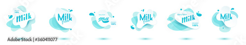 Milk badge and dairy labels with splashes and bolts. Milk badge with drop and splash for labels of package. Liquid amoeba shapes.