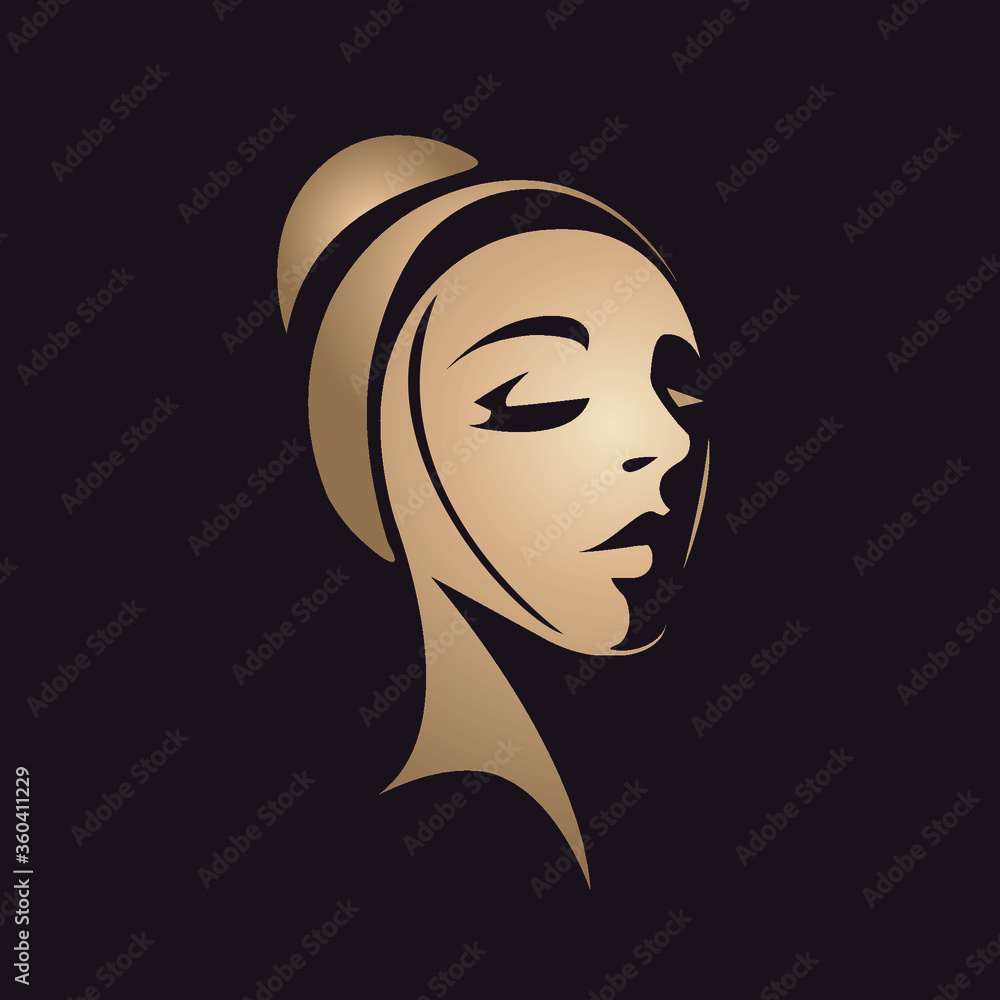 Beauty salon and hairdresser studio logo.Cosmetics, skin care and spa icon.Beautiful woman with ballerina hair bun, retro hairstyle, elegant makeup.Shiny golden color isolated on dark fund. Beauty salon and hairdresser studio logo.Cosmetics, skin care and spa icon.Beautiful woman with ballerina hair bun, retro hairstyle, elegant makeup.Shiny golden color isolated on dark fund.