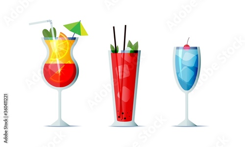 Cocktails icon set cartoon design style. Three popular alcohol drinks for design menu, posters, brochures for cafe, bar.

