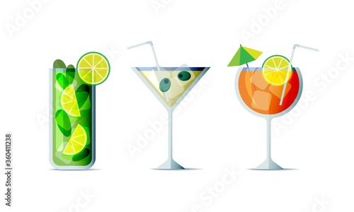 Cocktails icon set in trendy flat design style. Three popular alcohol drinks for design menu, posters, brochures for cafe, bar.
