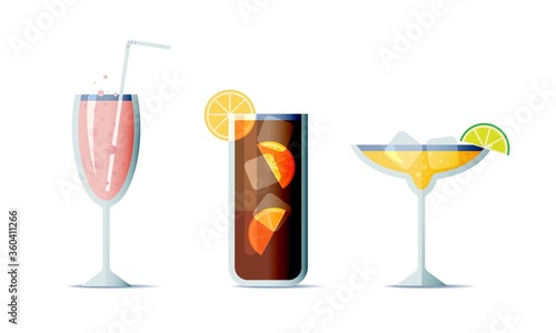Cocktails icon set in trendy flat design style. Three popular alcohol drinks for design menu, posters, brochures for cafe, bar.
