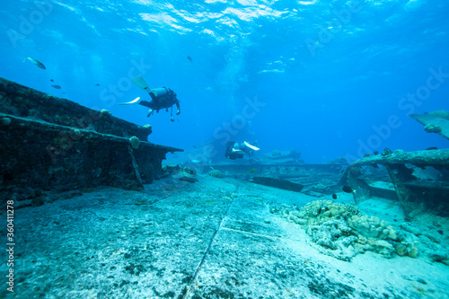 Sunken ship and diver