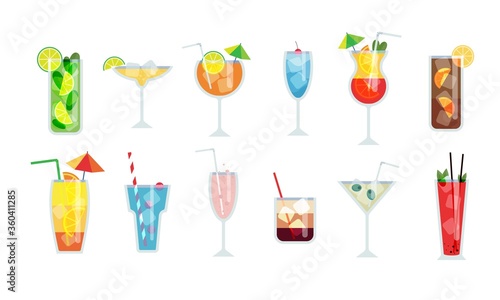 Cocktail glasses flat vector illustration. Set of alcoholic drinks with ice cubes and lemons. Party in the club.
