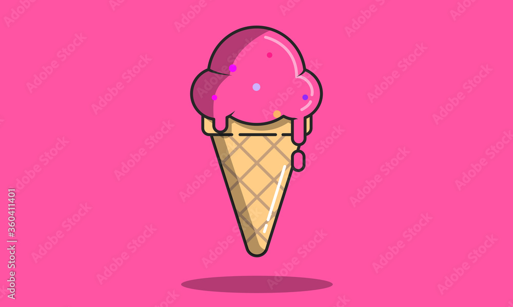 Pink ice cream in the waffle cone. Vector flat outline icon. Cartoon style illustration for sticker and t shirt design Pink ice cream in the waffle cone. Vector flat outline icon. Cartoon style illustration for sticker and t shirt design