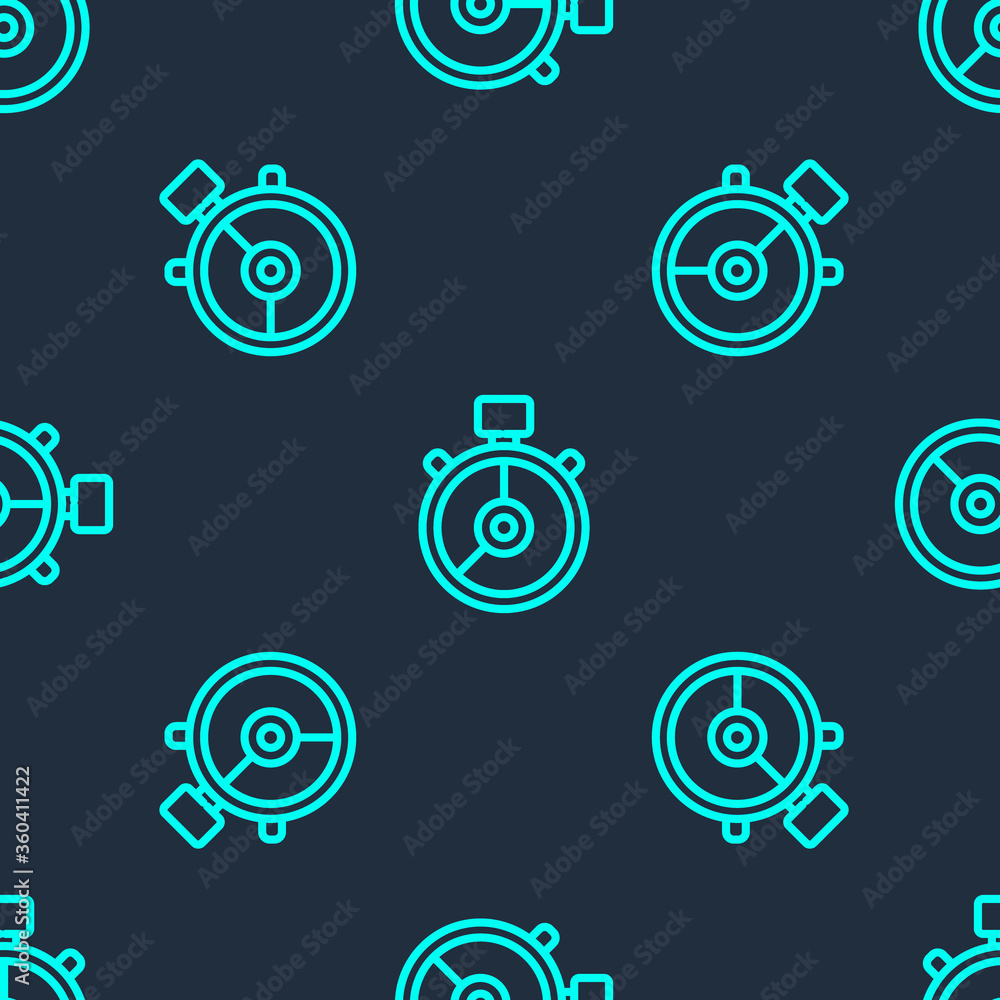 Green line Stopwatch icon isolated seamless pattern on blue background. Time timer sign. Chronometer sign. Vector Illustration. Green line Stopwatch icon isolated seamless pattern on blue background. Time timer sign. Chronometer sign. Vector Illustration.