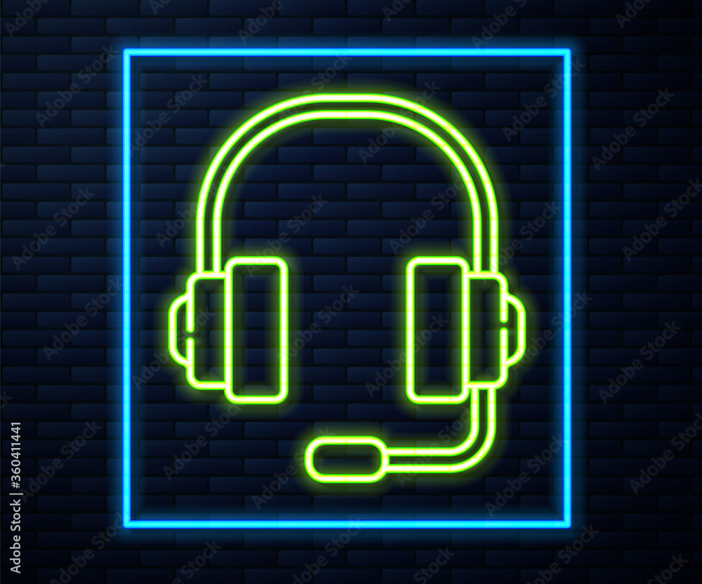 Glowing neon line Headphones icon isolated on brick wall background. Support customer service, hotline, call center, faq, maintenance. Vector Illustration. Glowing neon line Headphones icon isolated on brick wall background. Support customer service, hotline, call center, faq, maintenance. Vector Illustration.