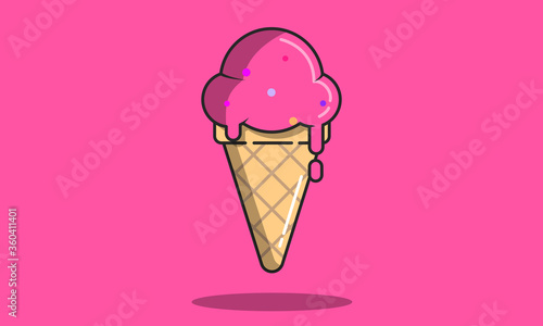 Pink ice cream in the waffle cone. Vector flat outline icon. Cartoon style illustration for sticker and t shirt design