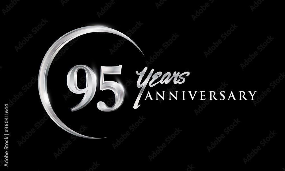 95th years anniversary celebration. Anniversary logo with silver ring elegant design isolated on black background, vector design for celebration, invitation card, and greeting card 95th years anniversary celebration. Anniversary logo with silver ring elegant design isolated on black background, vector design for celebration, invitation card, and greeting card