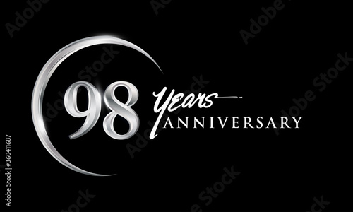 98th years anniversary celebration. Anniversary logo with silver ring elegant design isolated on black background, vector design for celebration, invitation card, and greeting card