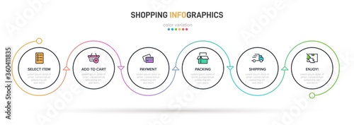 Concept of shopping process with 6 successive steps. Six colorful graphic elements. Timeline design for brochure, presentation, web site. Infographic design layout.