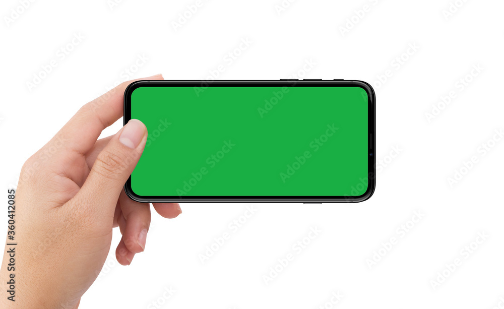 Left hand holding black mobile smartphone device green screen Left hand holding black mobile smartphone device green screen