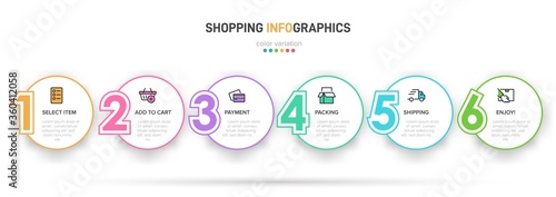 Concept of shopping process with 6 successive steps. Six colorful graphic elements. Timeline design for brochure, presentation, web site. Infographic design layout.