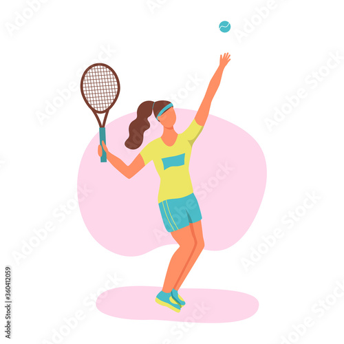 A young woman playing tennis. A flat character. Vector illustration.